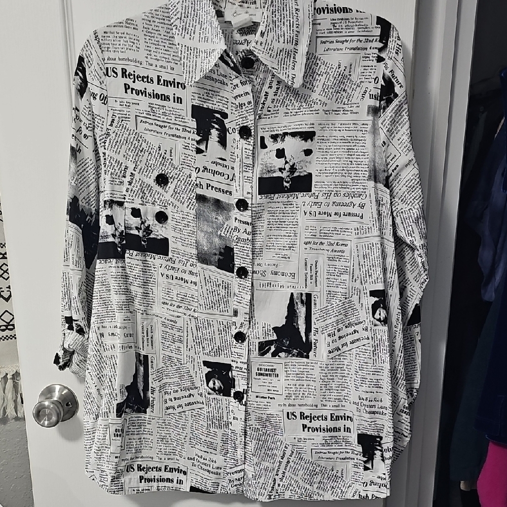 Newspaper Print Button-Up Blouse